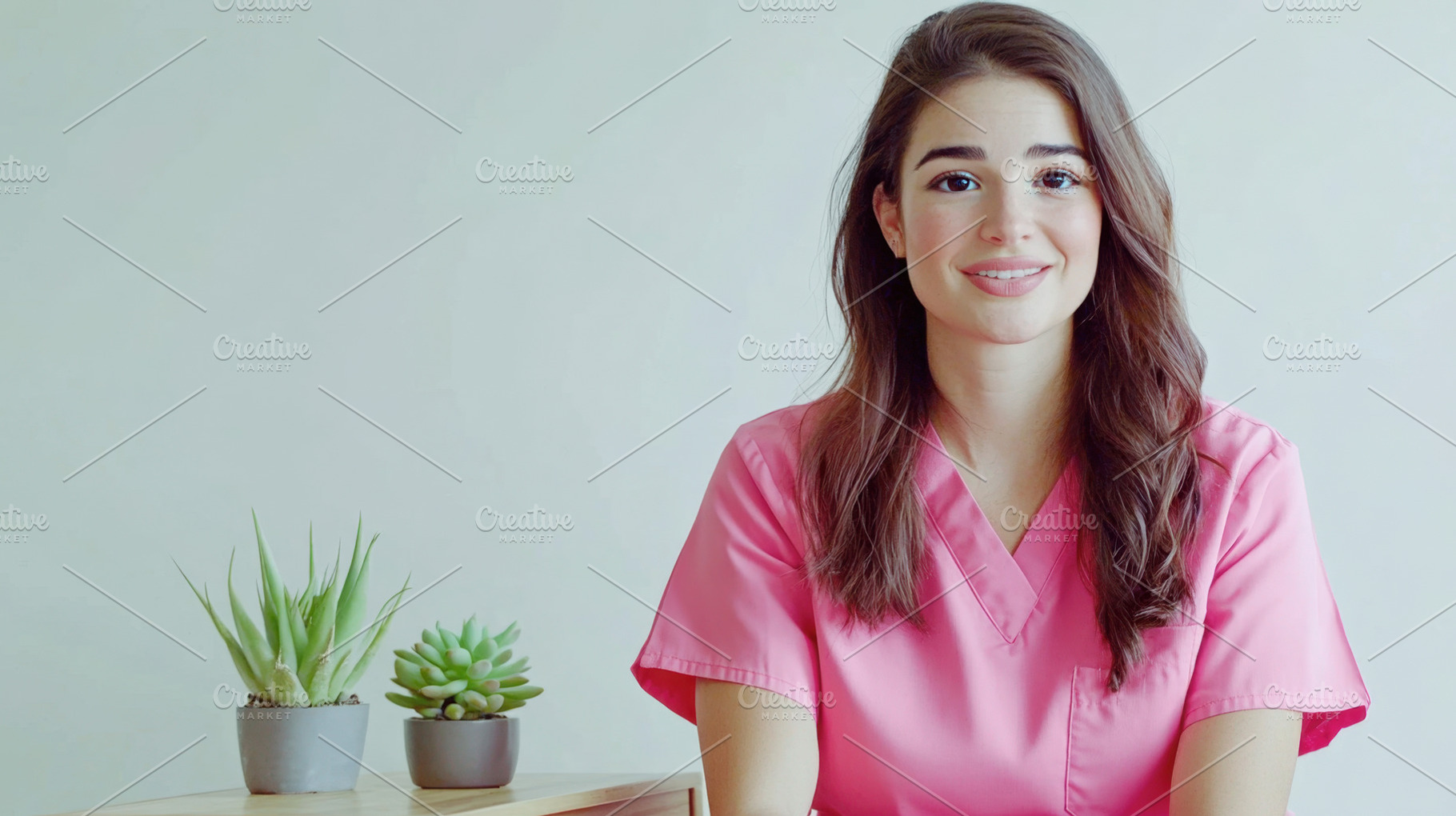 Smiling nurse in scrubs indoors, a Photo by Beautiful things