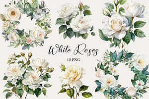 White Roses Watercolor Clipart. AI