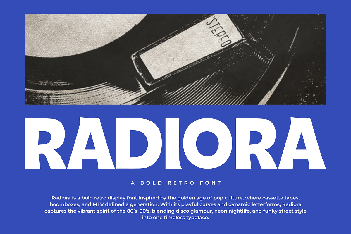 Radiora – Bold Retro Font, a Sans Serif Font by overlaytemplates (Photo 1 of 5)