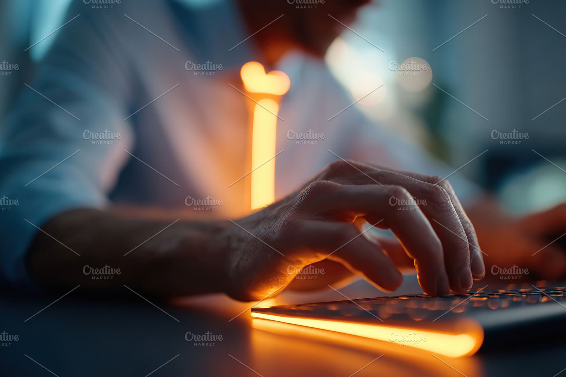 Man working on computer keyboard with glowing neon tie in modern office setting, a Photo by AlyaAnd