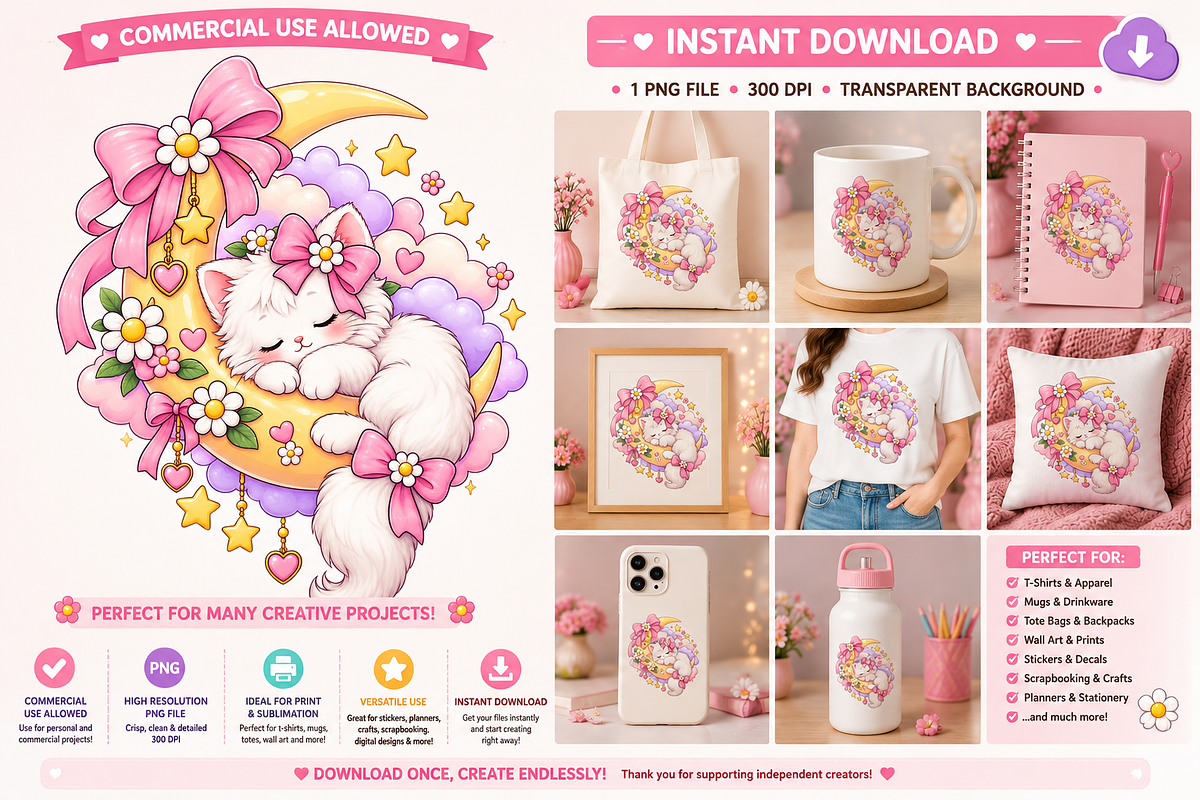 Dreamy Moon Cat Kawaii, an Animal Illustration by HyeRi (Photo 2 of 6)