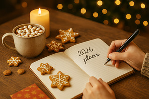 Open notebook with 2026 plans beside, a Photo by Dvoevnore photos