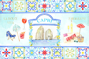 Capri Italy Watercolor Clipart Tiles