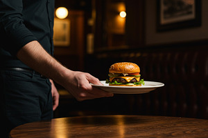 Waiter serving a cheeseburger on a w, a Food & Drink Photo by professorinc