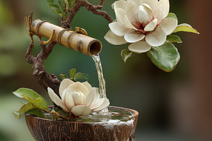 Serene Magnolia Water Fountain Zen G, a Photo by Pixeness Studio