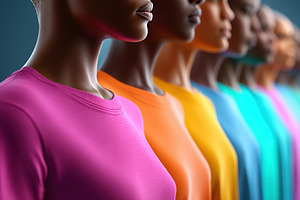 Women showcase vibrant t-shirts in a colorful lineup during a fashion event, a Beauty & Fashion Photo by AlyaAnd