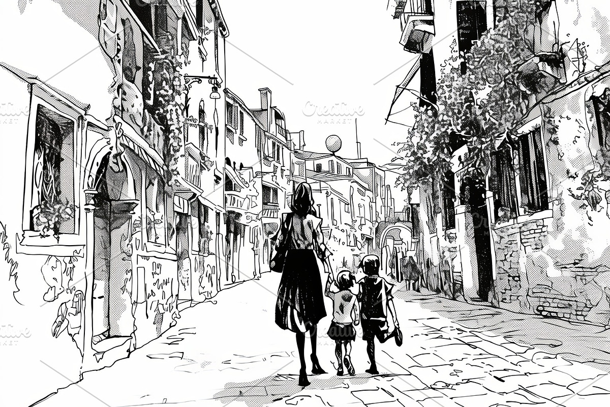 Mother and children walking through quaint cobblestone street in illustrated st, an Illustration by AS photostudio