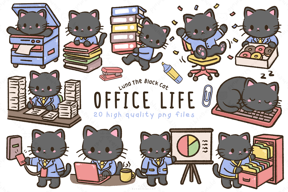 Kawaii black cat office life clipart, an Animal Illustration by Blumensdiary (Photo 1 of 6)