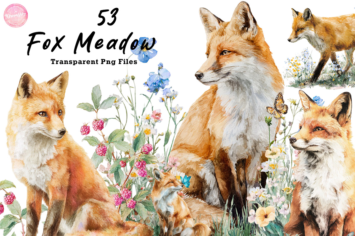 Watercolor Fox Meadow Clipart, an Illustration by CreationArt (Photo 1 of 7)