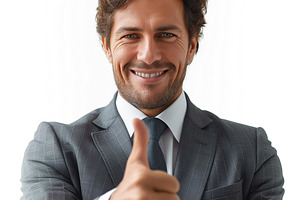 Confident Caucasian man in a suit giving a thumbs up gesture, exuding positivit, a Person Photo by ImageMir
