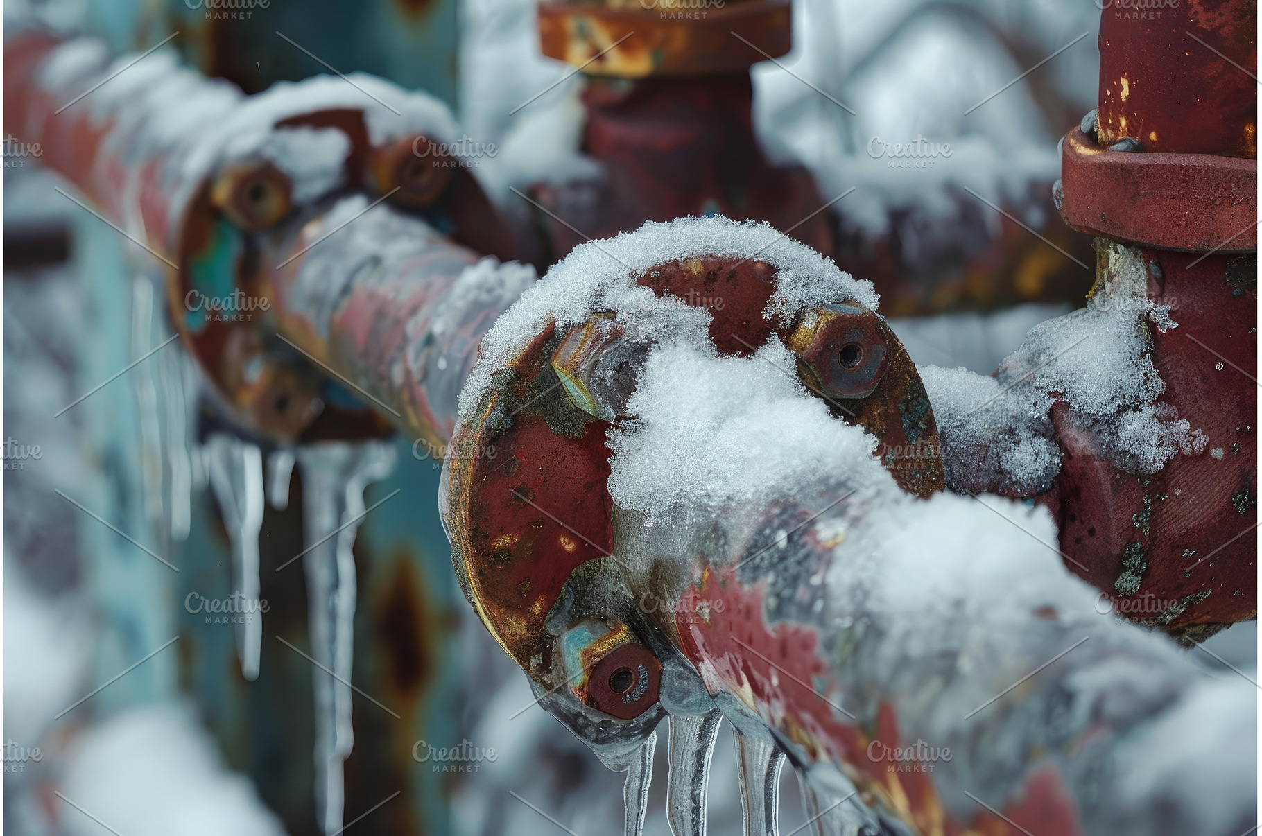 Frozen pipes covered with snow and, an Industrial Photo by Ylivdesign