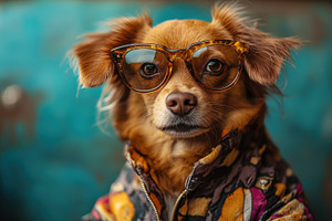 Dog portrait with eyeglasses in a co, an Animal Photo by Pixeness Studio
