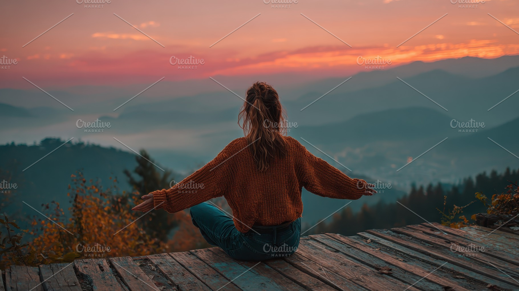 Woman meditating on wooden deck at s, a Photo by Pixeness Studio