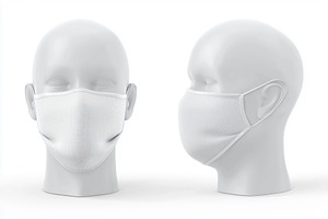 Two mannequin heads wearing white face masks mockup, front and side view., a Mask Mockup by Textures & Backgrounds