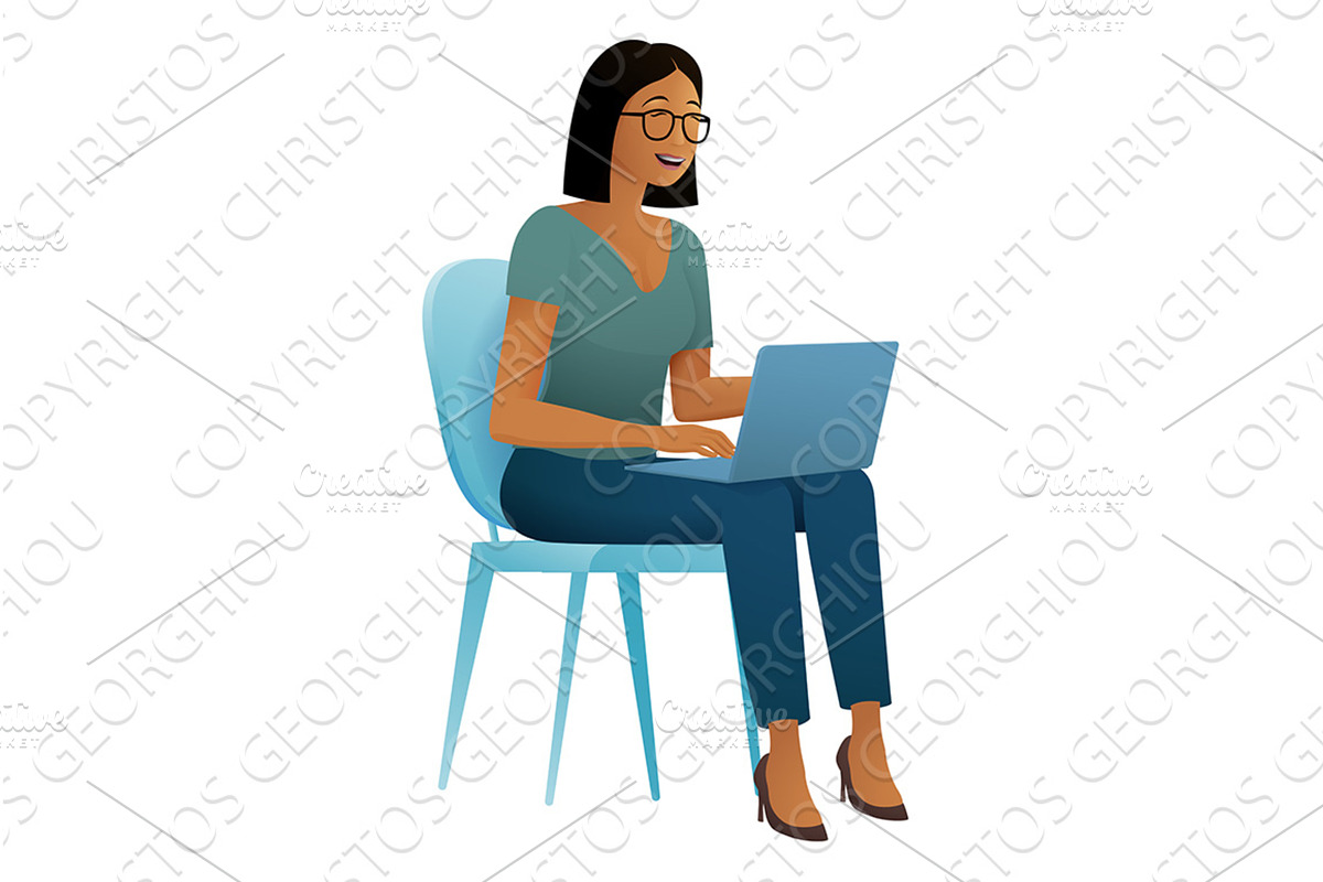 Woman Using Laptop Computer Cartoon, a Person Illustration by Christos Georghiou
