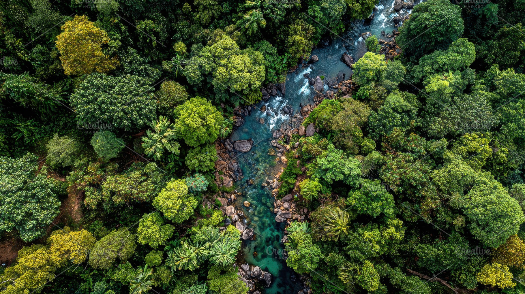 Aerial view of lush green rainforest, a Photo by Pixeness Studio