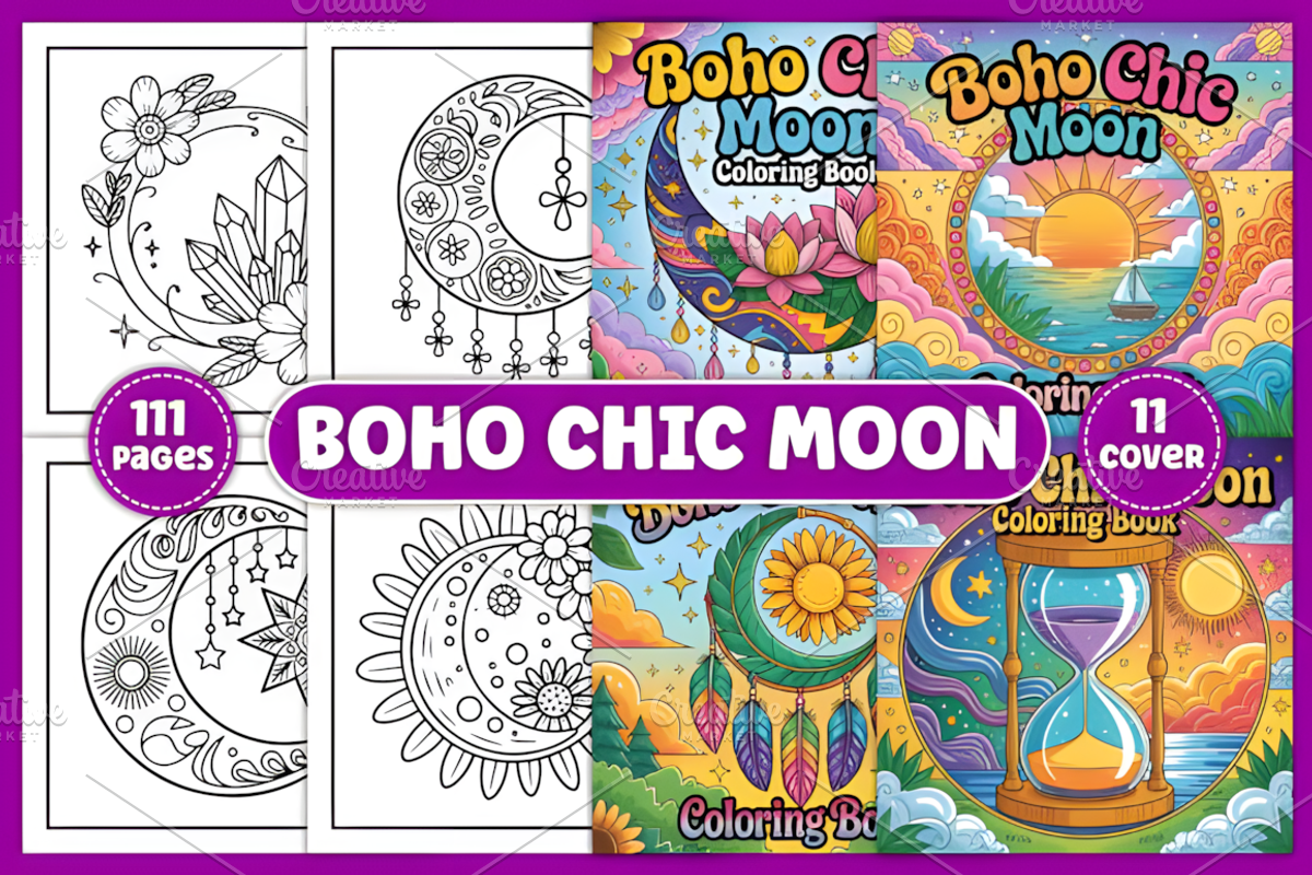 Boho Chic Moon Coloring Pages, a Decorative Illustration by Design Station (Photo 1 of 4)