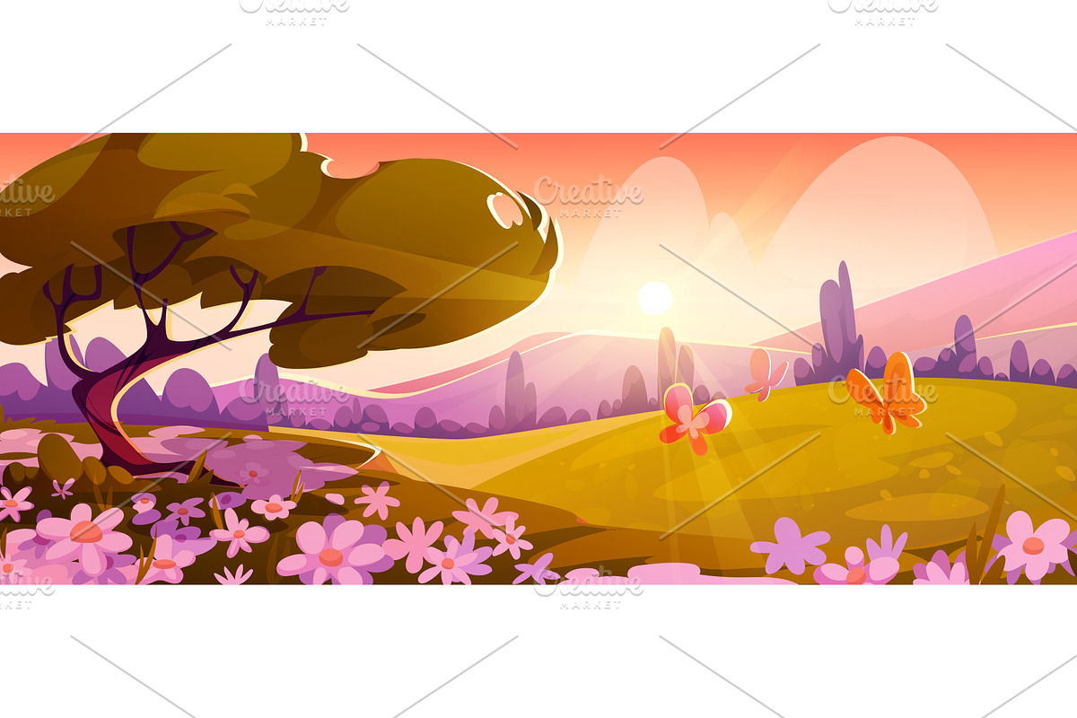 Spring morning meadow landscape with, an Illustration by art PVP - market