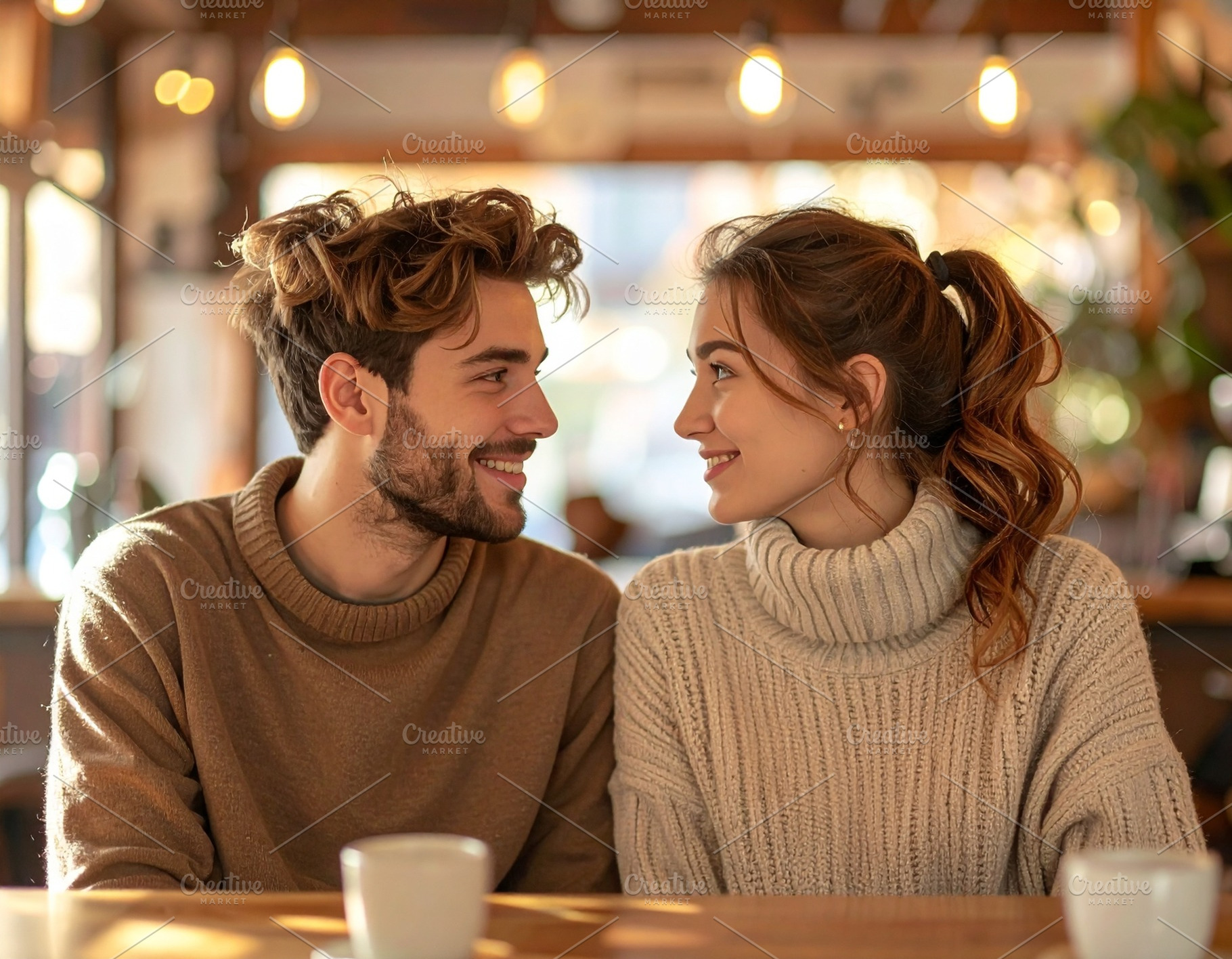 Happy young couple smiling in a cozy cafe, a Person Photo by DanFLCreativo