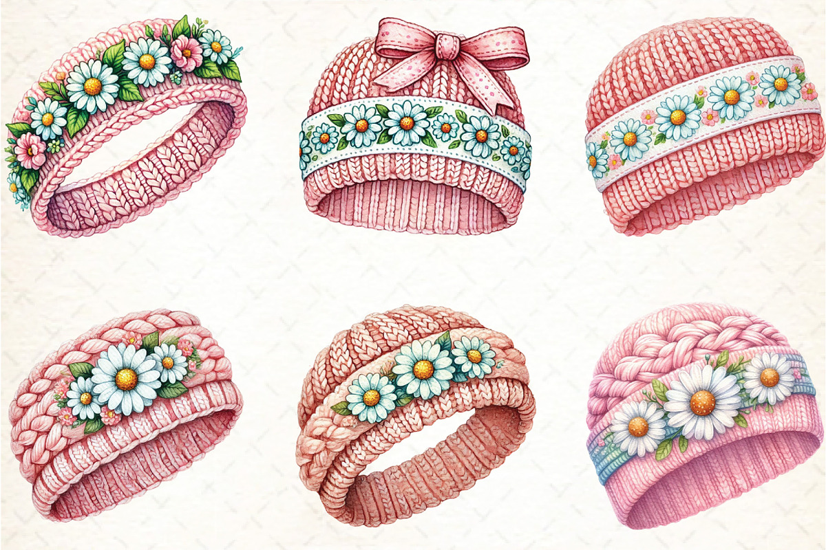 Pink Knitted Hat With Daisies Png, an Illustration by DreamCafeArt (Photo 3 of 6)