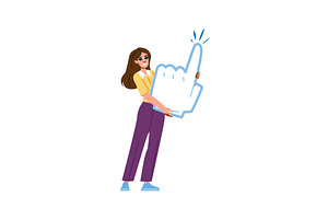 Woman holding large hand cursor, a Technology Illustration by pikepicture