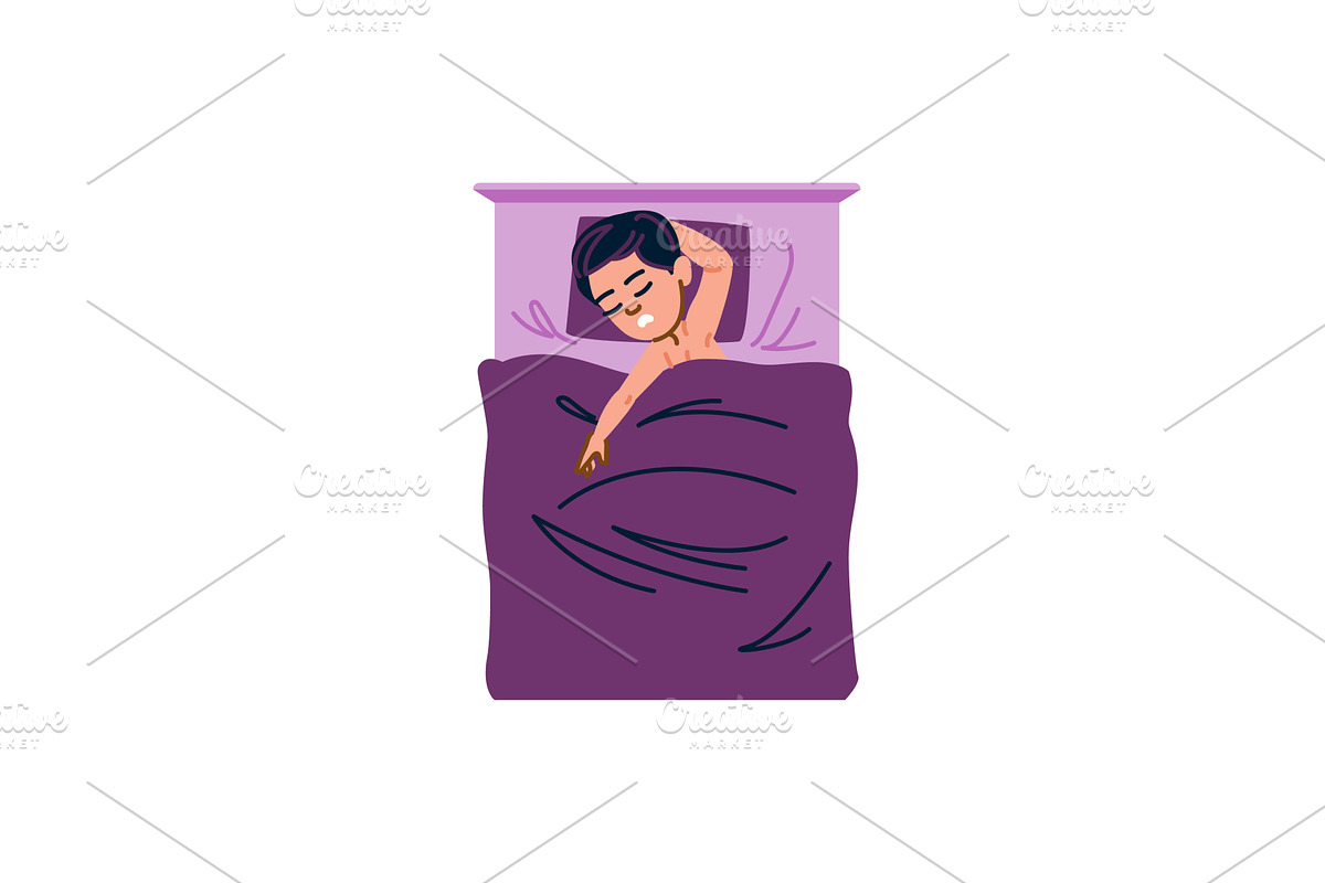 Young man sleeping in bed with hand, a Person Illustration by pikepicture