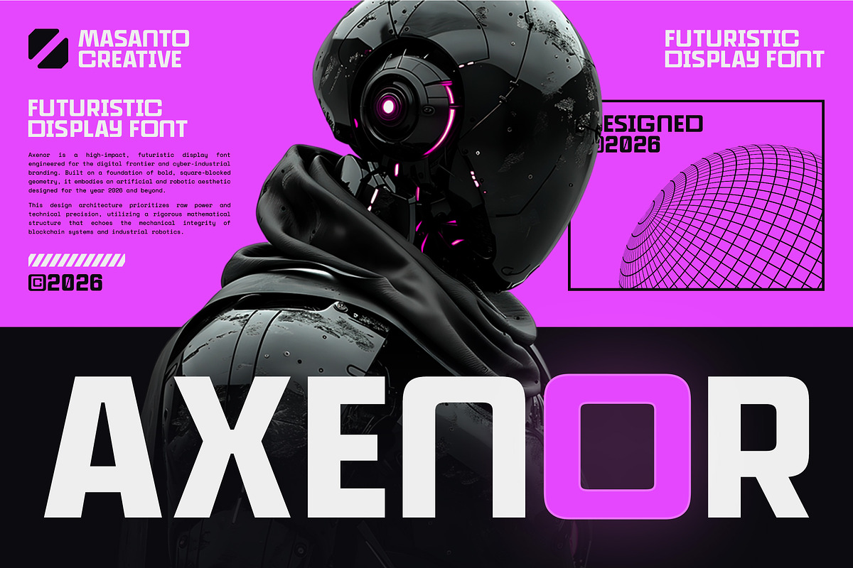 Axenor – Futuristic Cyberpunk Displa, a Sans Serif Font by kangfont Studio (Photo 1 of 11)