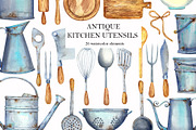 Watercolor ANTIQUE KITCHEN UTENSILS, an Object Graphic by JennyColorArt (Thumbnail 1 of 5)