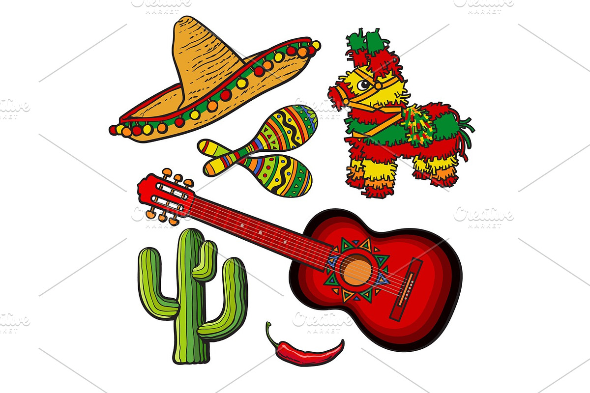 Mexican set sombrero, pinata, maraca, cactus, chili and spanish guitar, an Object Graphic by Sabelskaya