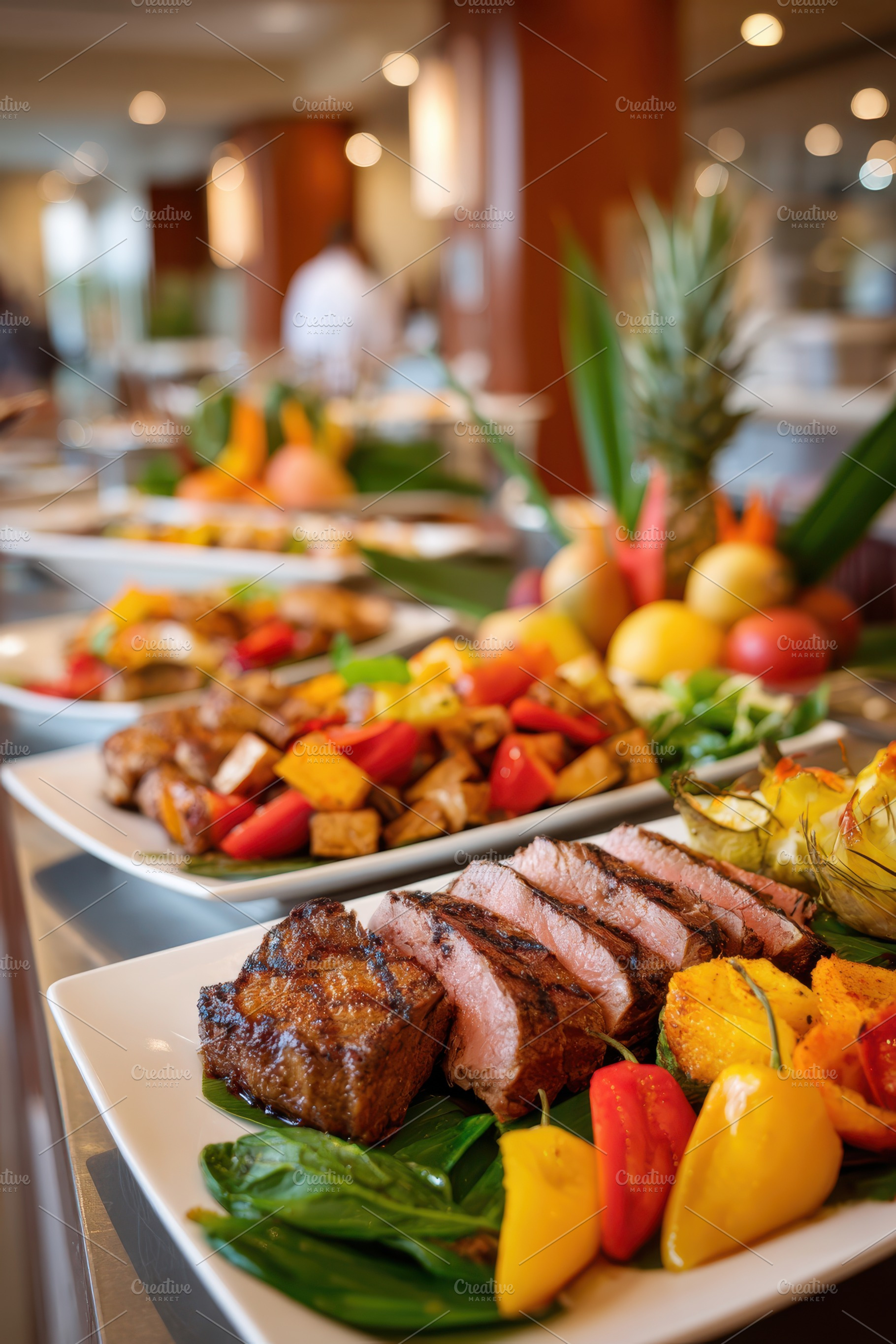 Buffet table with sliced roast beef and fresh fruit, a Food & Drink Photo by AlyaAnd