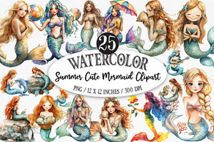 Summer Cute Mermaid Clipart, an Illustration by Designking