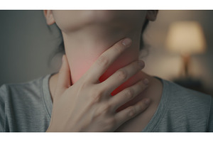 Woman touching her throat with, a Health & Medical Photo by Igor Tichonow