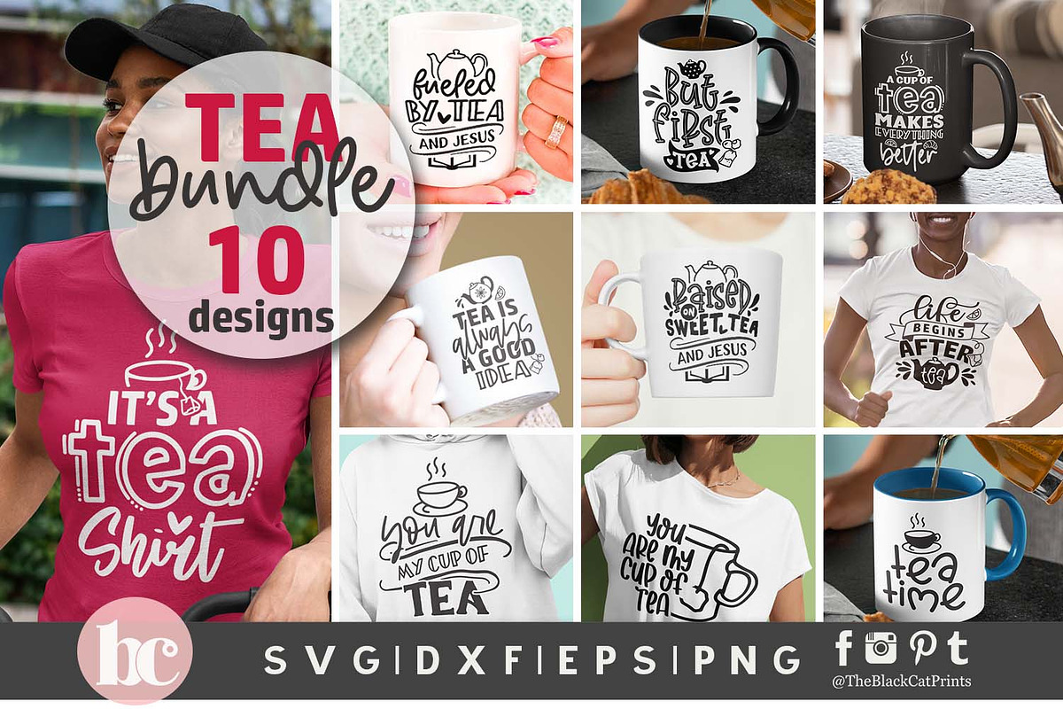 Tea SVG Bundle | Funny Tea Quotes, a Food Illustration by TheBlackCatPrints (Photo 1 of 12)