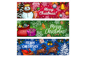 Christmas Sketch Banner For Winter Holiday Design