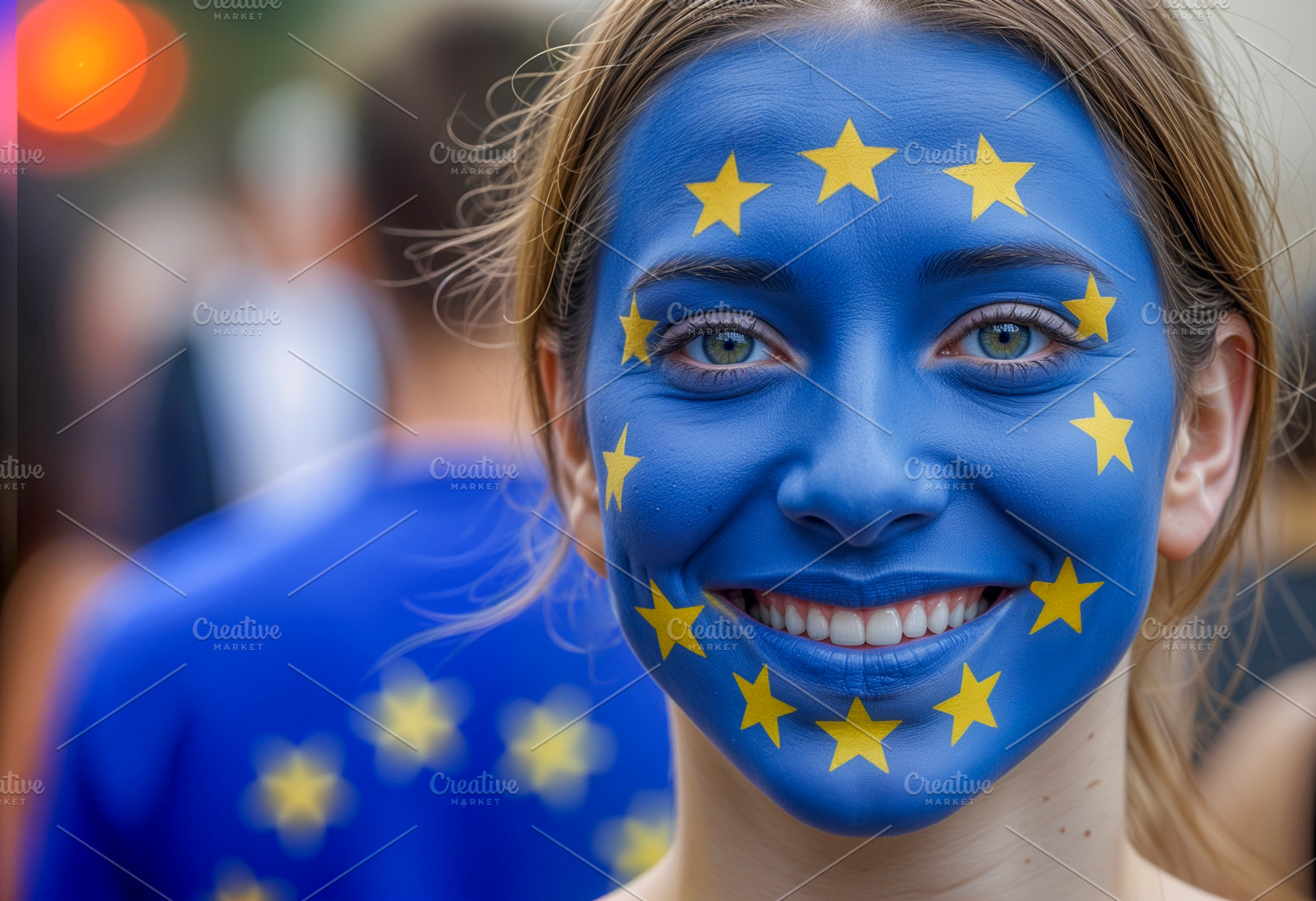 Smiling woman with EU flag face, a Photo by rarrarorro