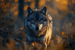A close-up of a wolf walking through a forest during autumn. The wolf has pierc, an Animal Photo by Textures & Backgrounds