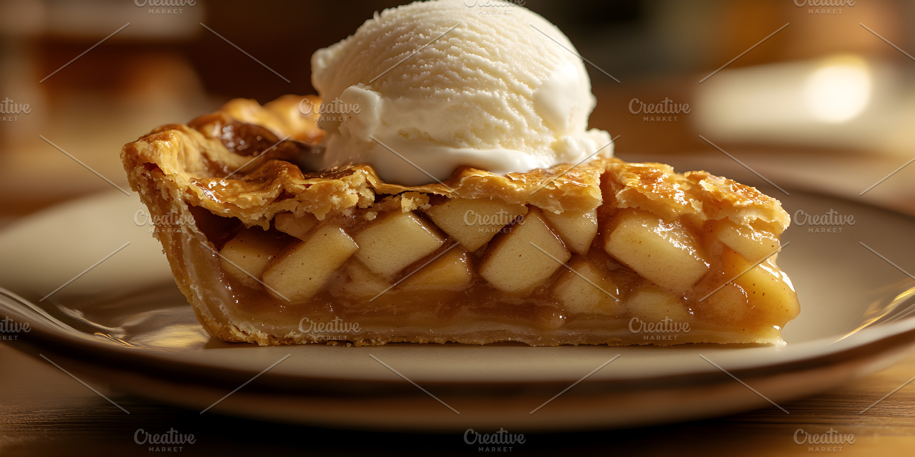 Slice of apple pie with vanilla ice, a Food & Drink Photo by Photostock