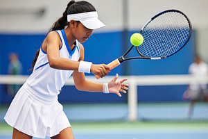 Side view medium shot girl playing tennis, a Sports & Recreation Photo by DanFLCreativo