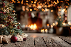Cozy Christmas Tree Interior with Fireplace, Gifts and Rustic Wo, a Background Photo by José Manuel Gelpi