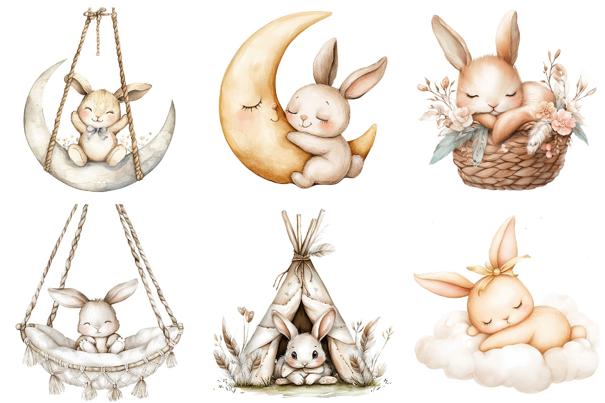 Bunny Neutral Sleeping Animals png, an Illustration by Watercolor design (Photo 4 of 5)