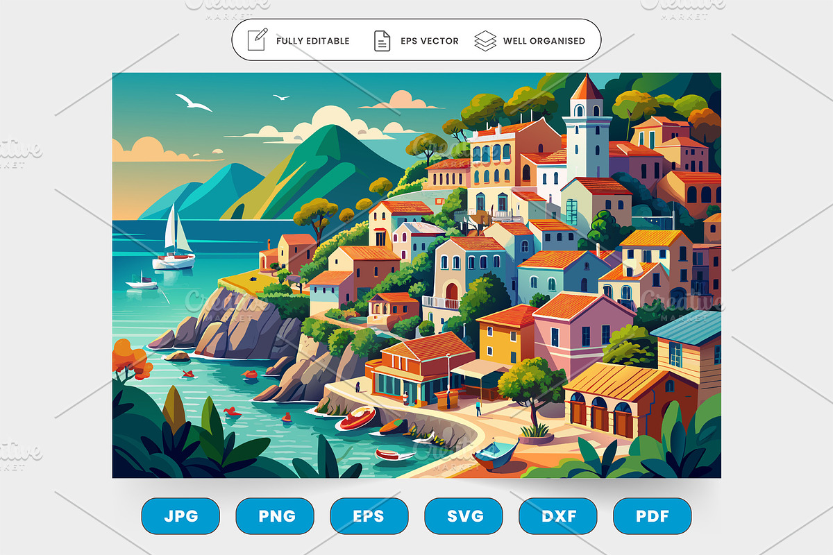 Colorful houses of a coastal village, a Graphic by SaroStock
