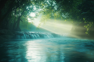 A serene river scene with gentle waterfalls, surrounded by lush greenery. Sunli, a Photo by Textures & Backgrounds