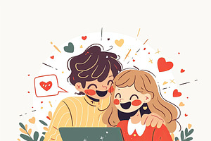 Illustration Of Happy Couple Embracing While Using A Laptop