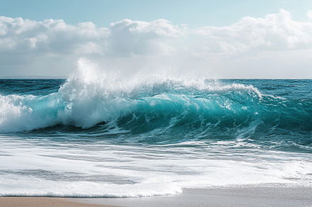 Ocean waves crash gently on a sandy shore under a bright sky with scattered clo, a Nature Photo by AlyaAnd
