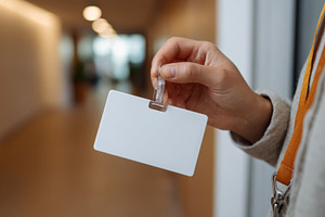 A close-up of a hand holding a blank identification badge, emphasizing the impo, a Business Photo by ImageMir