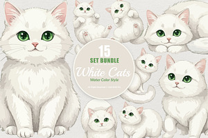 15 Bundle Watercolor White Cat Pet