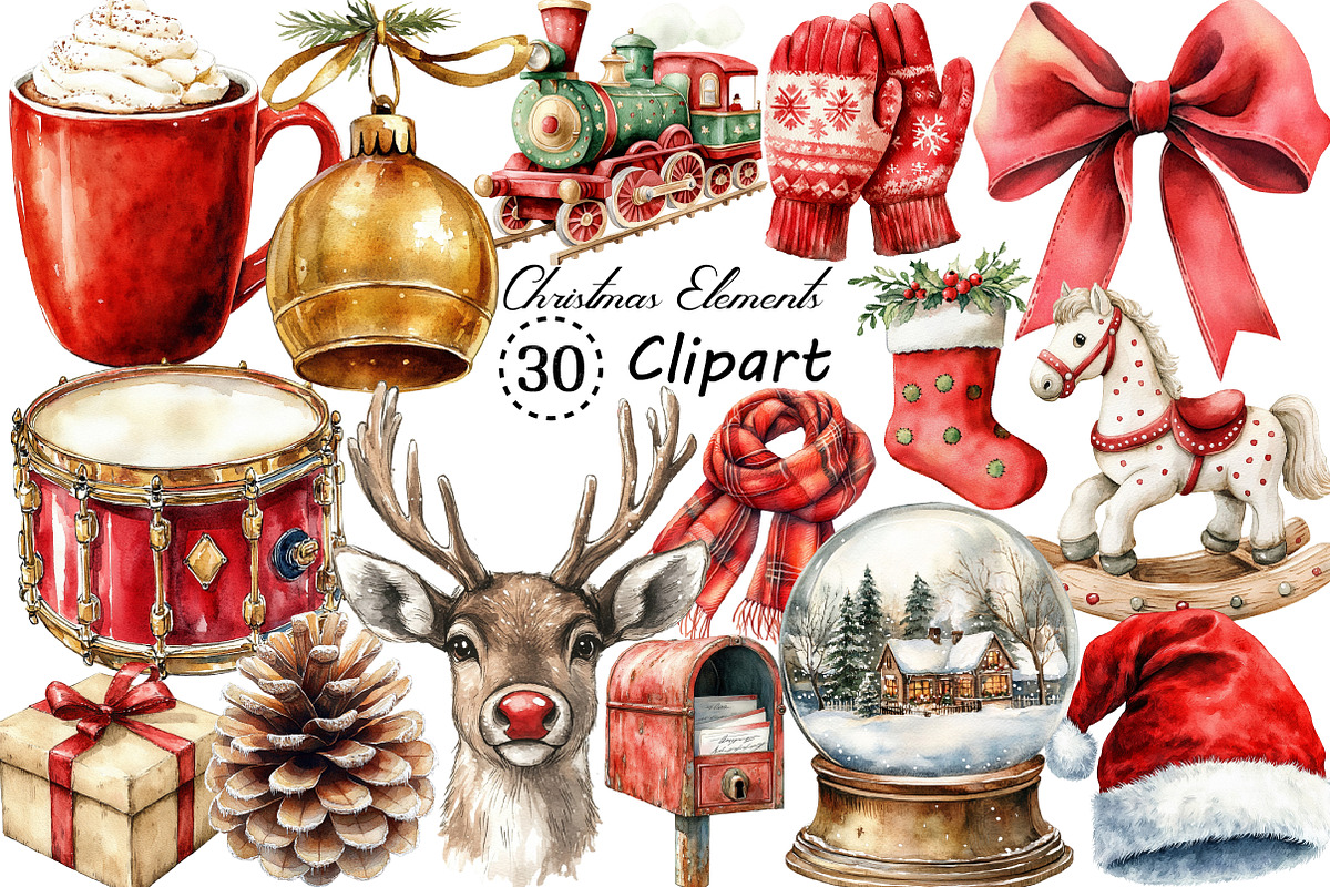 Vintage Christmas Elements Clipart, an Illustration by Creative Art (Photo 1 of 10)