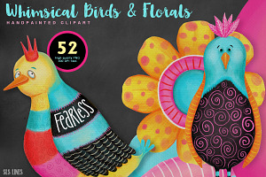 Colorful Whimsical Birds & Flowers