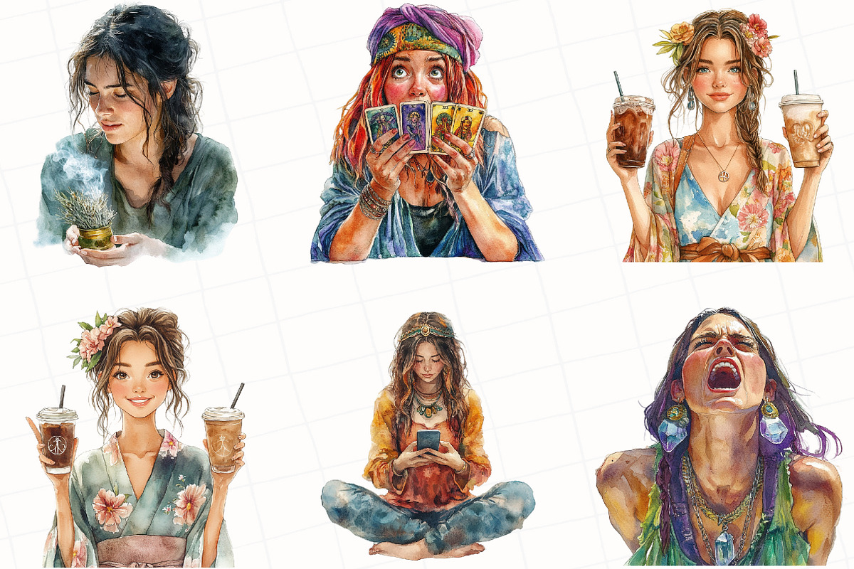 Watercolor Hippie Ladies Clipart, an Illustration by OK Design (Photo 2 of 5)