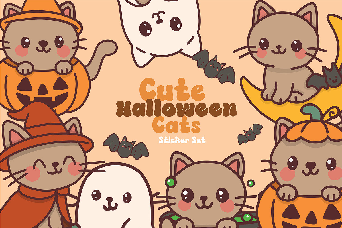 Cute Kawaii HalloweenCat Sticker Set, a Graphic by Dori Debreceni draws (Photo 1 of 4)